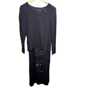 LA Blend Dress Set Women's Size Small Black Beaded Floral Dress/Blouse lagenlook